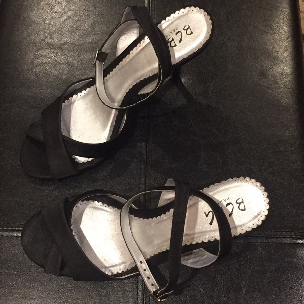 BCBG black ankle wrap heels